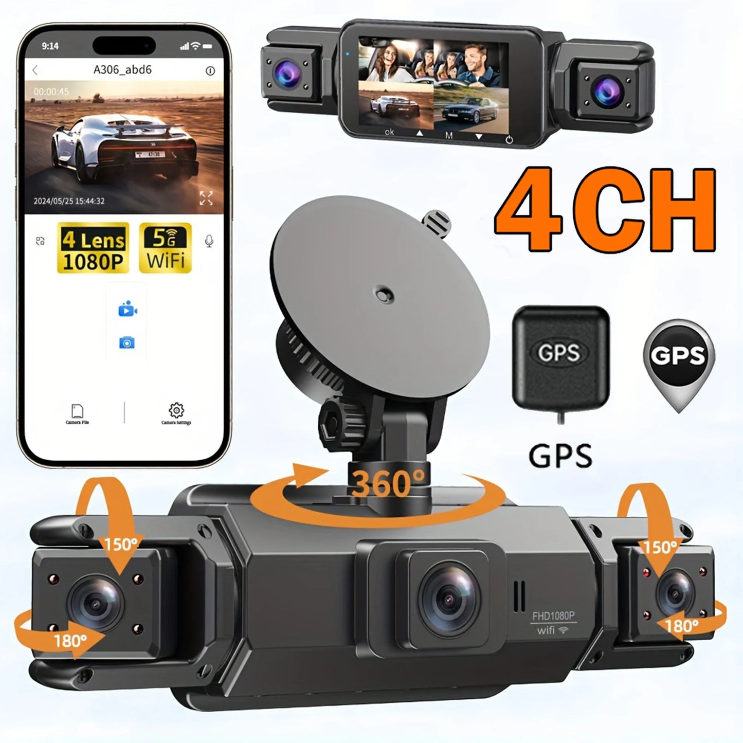 Car Dash Cam 4 Channel with GPS Night Vision Wifi for Car DVR 360° Front Left Right Rear Loop Recording 24H Parking Monitor