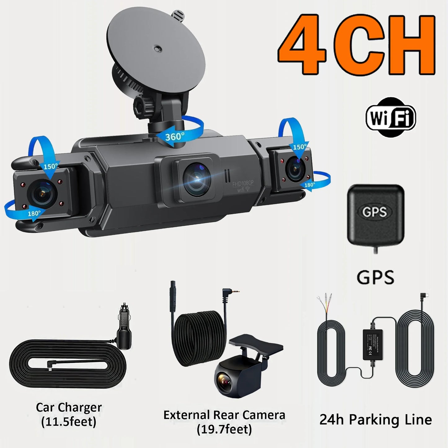 Car Dash Cam 4 Channel with GPS Night Vision Wifi for Car DVR 360° Front Left Right Rear Loop Recording 24H Parking Monitor