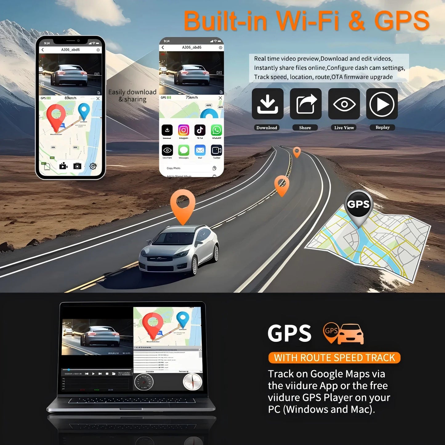 Car Dash Cam 4 Channel with GPS Night Vision Wifi for Car DVR 360° Front Left Right Rear Loop Recording 24H Parking Monitor